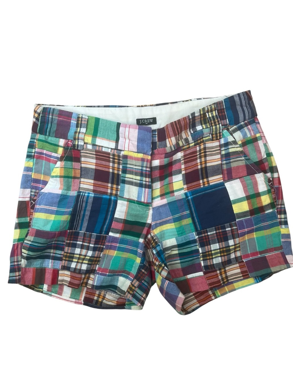 J Crew Madras Patchwork Shorts Size 4 City Fit Summer Preppy Plaid Blue Green